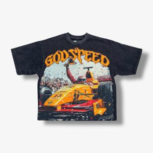 Black oversized graphic T-shirt featuring a vibrant orange Formula-style race car, racing artwork, and bold “GOD SPEED” text across the front.